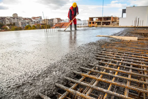 Construction Worker Standing Wet Concrete Floor Standing Ready Wet Cement Royalty Free Stock Images