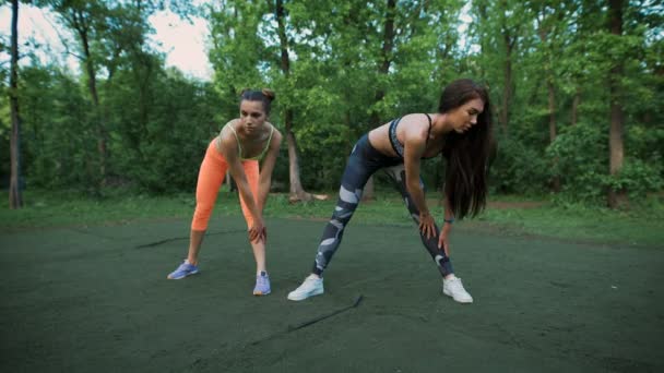 Ung kvinnas sträckor innan du gör sport — Stockvideo