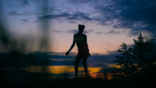 Mujer despreocupada bailando al atardecer. vitalidad de vacaciones concepto de vida saludable . — Vídeo de stock