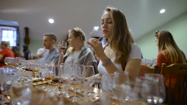 Група молодих людей на дегустації вина. Дівчина з келихом вина, вона смакує напій смак і запах . — стокове відео