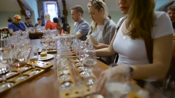 Groep jongeren op een wijnproeverij. De degustatiesalon. — Stockvideo