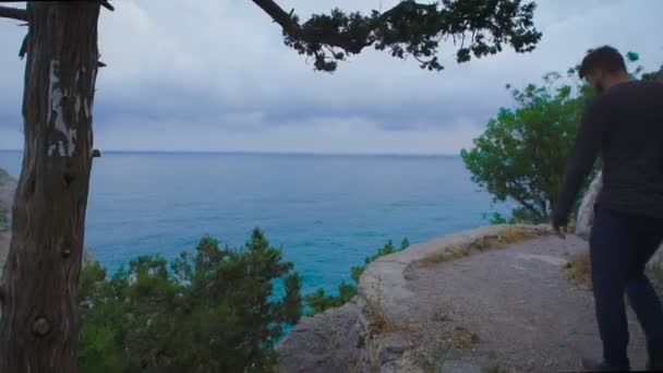 Junger Hipster mit randtauglichem Rucksack und Blick auf die atemberaubende Aussicht. — Stockvideo