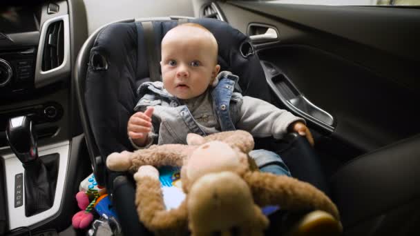 Adorable baby boy in safety car seat. — Stock Video