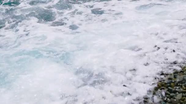 Pebble beach och havet. Vågorna rullade på stranden — Stockvideo