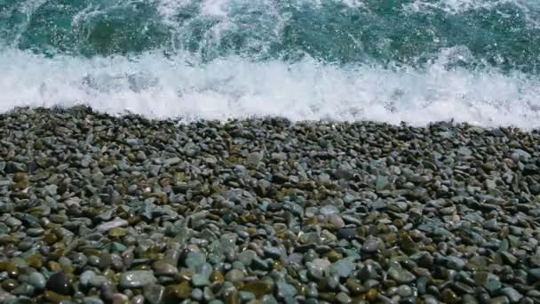 Playa de guijarros y mar. Las olas rodaron en la orilla — Vídeo de stock