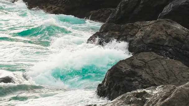 海浪在岸边石、 破碎和嘶嘶. — 图库视频影像