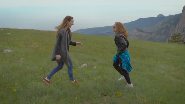 함께 여행 하는 두 친구, 그들은 산에 놀랄만큼 아름 다운 위치에 있었다. — 비디오