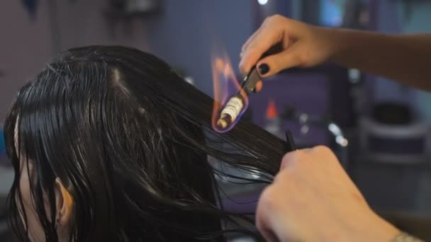 为黑发与长长的头发制作过程火理发美容工作室. — 图库视频影像