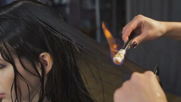 Studio de beauté, pour les brunes avec cheveux longs processus de fabrication coupe de cheveux au feu . — Video