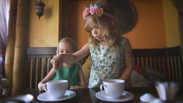 Two pretty little girls are having tea in a cafe — Stock Video