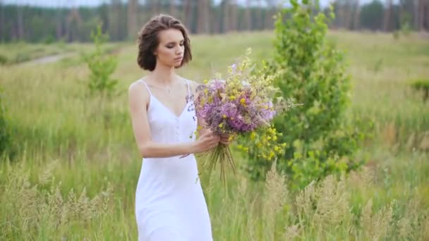 Champ fleuri d'été et une belle fille dans une robe de soleil blanche . — Video