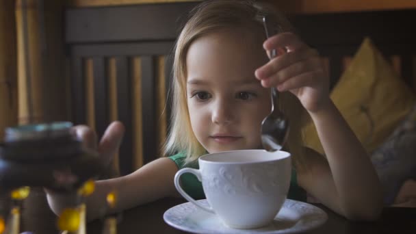 A little kid having breakfast at a cozy cafe. An adorable girl drinking tea and enjoying her breakfast. — Stock Video