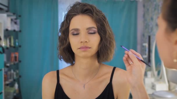 Professionele make-up artiest die make-up toepast op een mooi jong gezicht voor een fotoshoot — Stockvideo