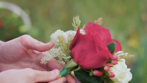 Fazendo um ramo de flores no campo verde . — Vídeo de Stock