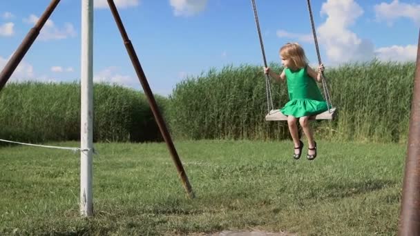 Een charmant blond meisje is swingend op een groen veld. — Stockvideo