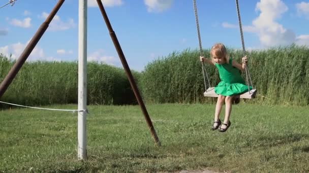 Een charmant blond meisje is swingend op een groen veld. — Stockvideo