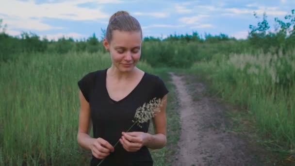 Inspirierte Frau, die auf einem Feld geht — Stockvideo