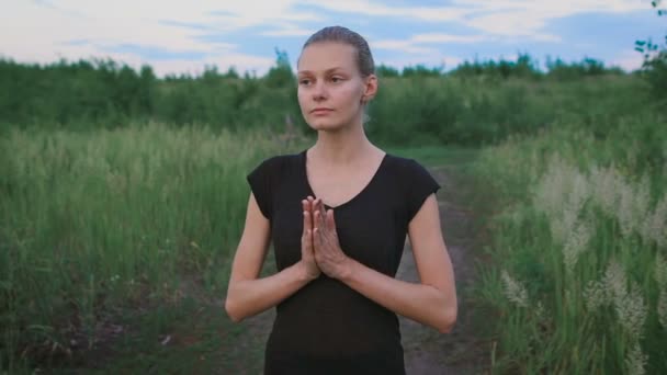 Inspirerad kvinna gör yoga på ett fält — Stockvideo