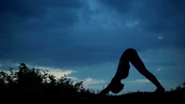 Schöne junge gesunde Frau macht Yoga-Übungen — Stockvideo