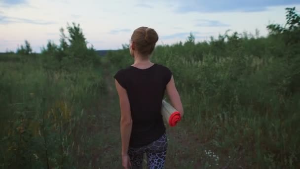 Inspirerad kvinna promenerar i ett fält. — Stockvideo