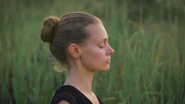 Gyönyörű fiatal nő egészséges csinálás jóga gyakorlás — Stock videók