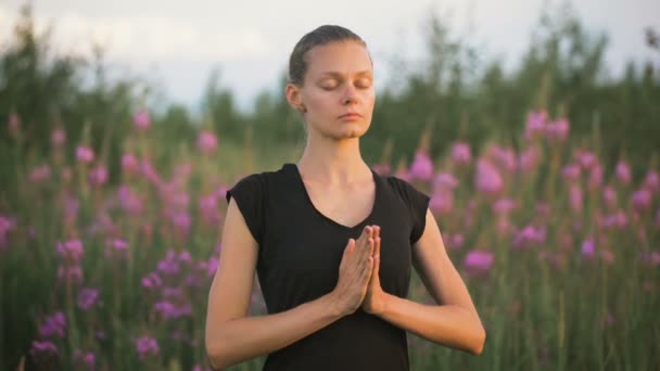 Bella giovane donna sana che fa esercizio di yoga — Video Stock