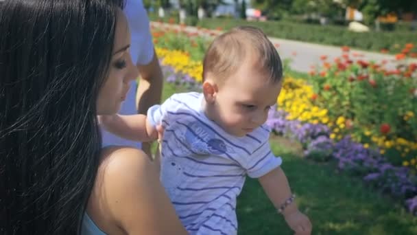 Bebé y madre en la naturaleza en el parque — Vídeos de Stock