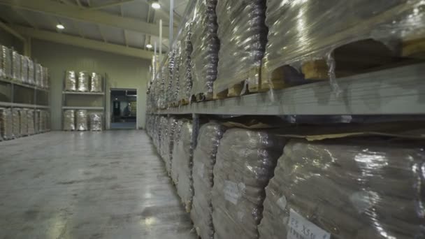 Gran almacén de muebles. Estanterías entresuelo con grandes paquetes de alimentos listos para su envío. Mayorista de almacén . — Vídeos de Stock