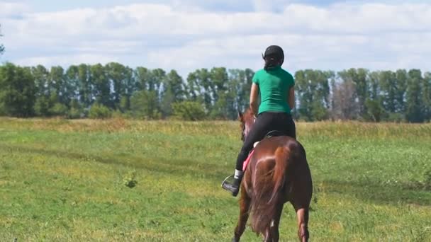 Mooi meisje paardrijden op het platteland. — Stockvideo