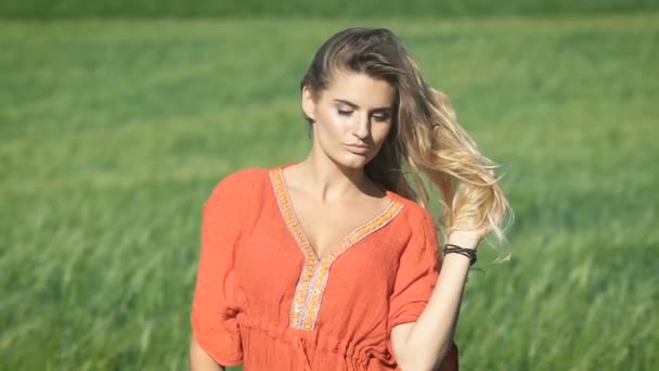 Close-up portret van een mooie blonde jonge romantische vrouw in een rood shirt aanraken van haar haar op het groene veld — Stockvideo
