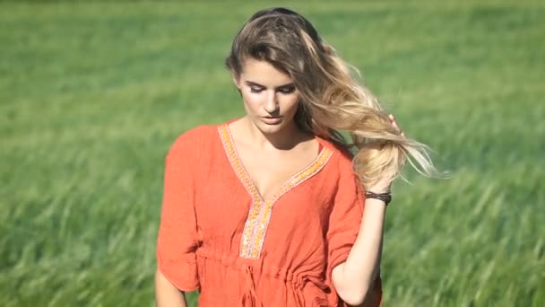Close-up retrato de uma bela loira jovem mulher romântica em uma camisa vermelha tocando seu cabelo no campo verde — Vídeo de Stock