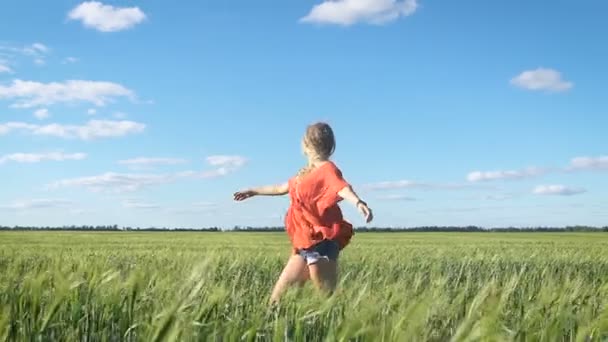 Piękna młoda blond seksowna kobieta odwraca się po zielonym polu — Wideo stockowe