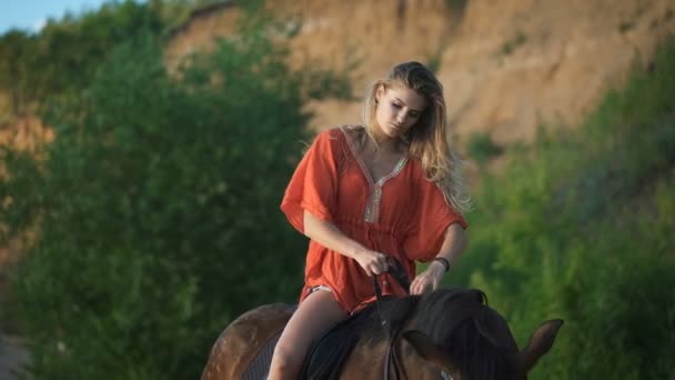 En sexig vacker ung kvinna rider en häst på en strand — Stockvideo