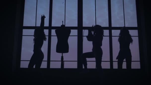Женская музыкальная группа снимается в музыкальном клипе. Они танцуют и поют на фоне большого окна. — стоковое видео