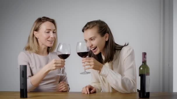 Dos novias se conocieron para hablar. Beber vino y hablar y chismorrear. — Vídeos de Stock