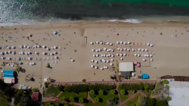 空中风景。地中海海滨线的俯瞰.在框架内，带着雨伞和日光浴者的海滩度假区. — 图库视频影像