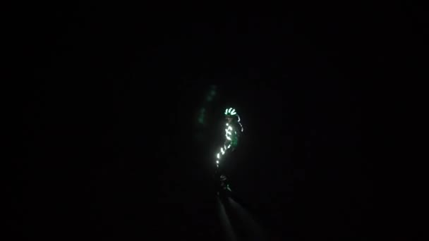 Flyboard, een nieuwe sport en show. Een flyboarder in een verlichte cast toont trucs in de nacht. — Stockvideo