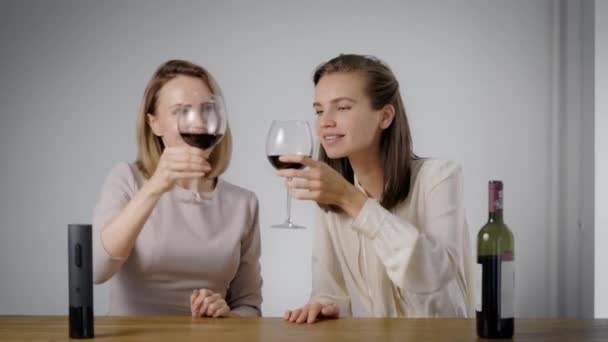 Zwei Freundinnen trafen sich zum Gespräch. Wein trinken und reden und Klatsch und Tratsch. — Stockvideo