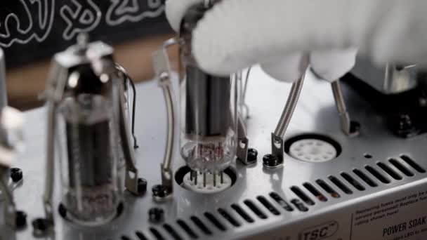 An electronic engineer installs a new radio tube in the power amplifier. Vintage amps are popular. — Stock Video