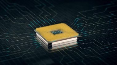 İşlemci. Merkezi işlemcinin çalışmalarının kavramsal temsili. Koyu arkaplanda grafiksel hareket çizgileri tasarımı.