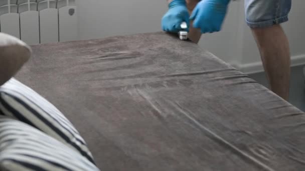 Professional cleaner, cleaning the sofa and pillows. A worker uses a brush to remove dirt. — Stock Video