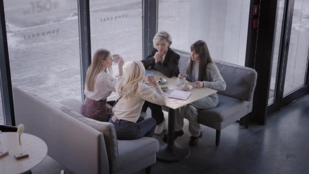 Os amigos se reuniram em um café e estão felizes que eles se reuniram. Mulheres conversam e discutem as últimas fofocas. — Vídeo de Stock