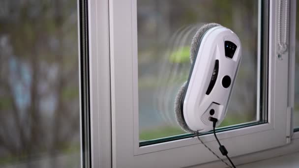 Der automatische Roboterassistent wäscht die Scheibe. Der Roboter reinigt die Fensterfläche in der Wohnung gründlich. — Stockvideo