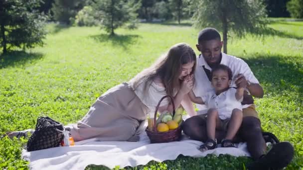 Padre negro, madre de piel clara e hijo mestizo en el parque. Familia feliz en un picnic en el parque. Alegre — Vídeo de stock