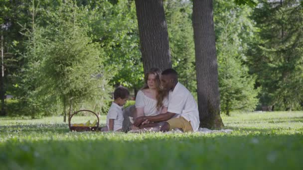 Fekete apa, világos bőrű anya és Mestizo gyerek a parkban. Boldog család egy pikniken a parkban. Örömteli. — Stock videók