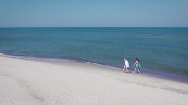 空中展望。2人の若い女性が海沿いのビーチを歩いている. — ストック動画