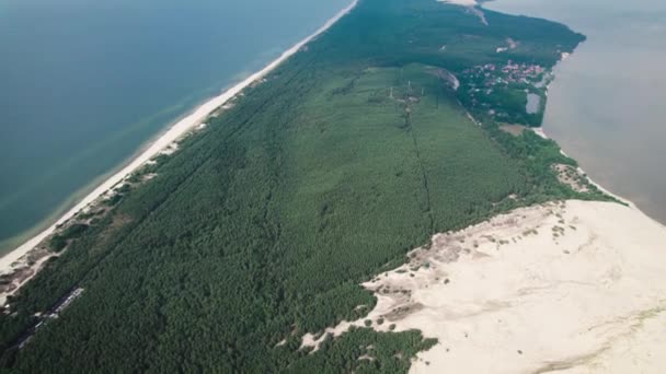 Escupir Curoniano, vista aérea. Impresionante naturaleza con bosque, playa y mar. — Vídeo de stock