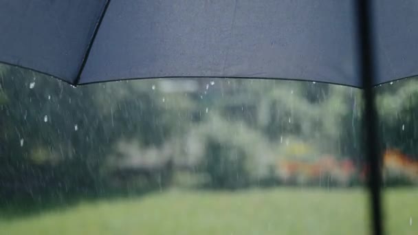 Lluvia de verano en un día soleado. Gotas de agua fluyen desde la superficie del paraguas gris. — Vídeos de Stock
