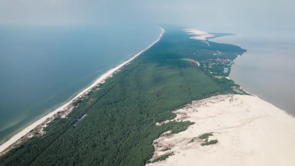 Escupir Curoniano, vista aérea. Impresionante naturaleza con bosque, playa y mar. — Vídeo de stock