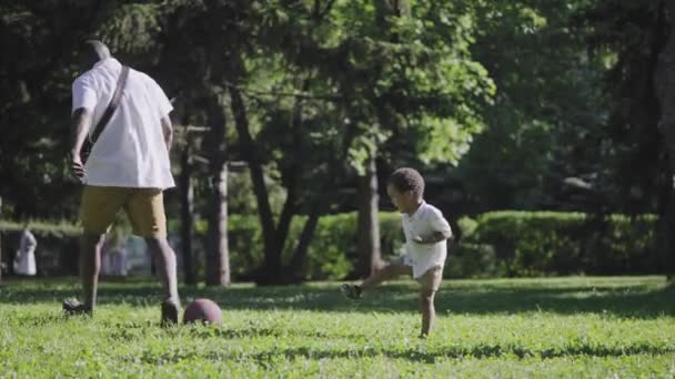 Familia multiétnica en el parque. Mamá rubia y afroamericana marido jugar al fútbol con su hijo. — Vídeo de stock